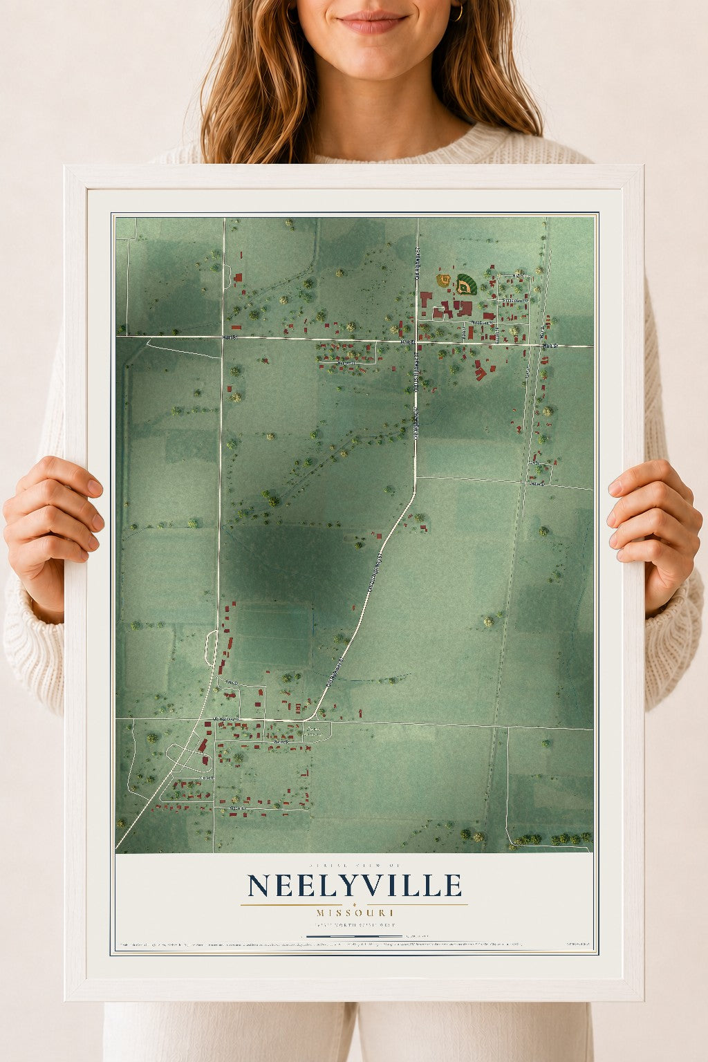 Map of Neelyville, Missouri, 18 x 24 inch print in a white wood frame