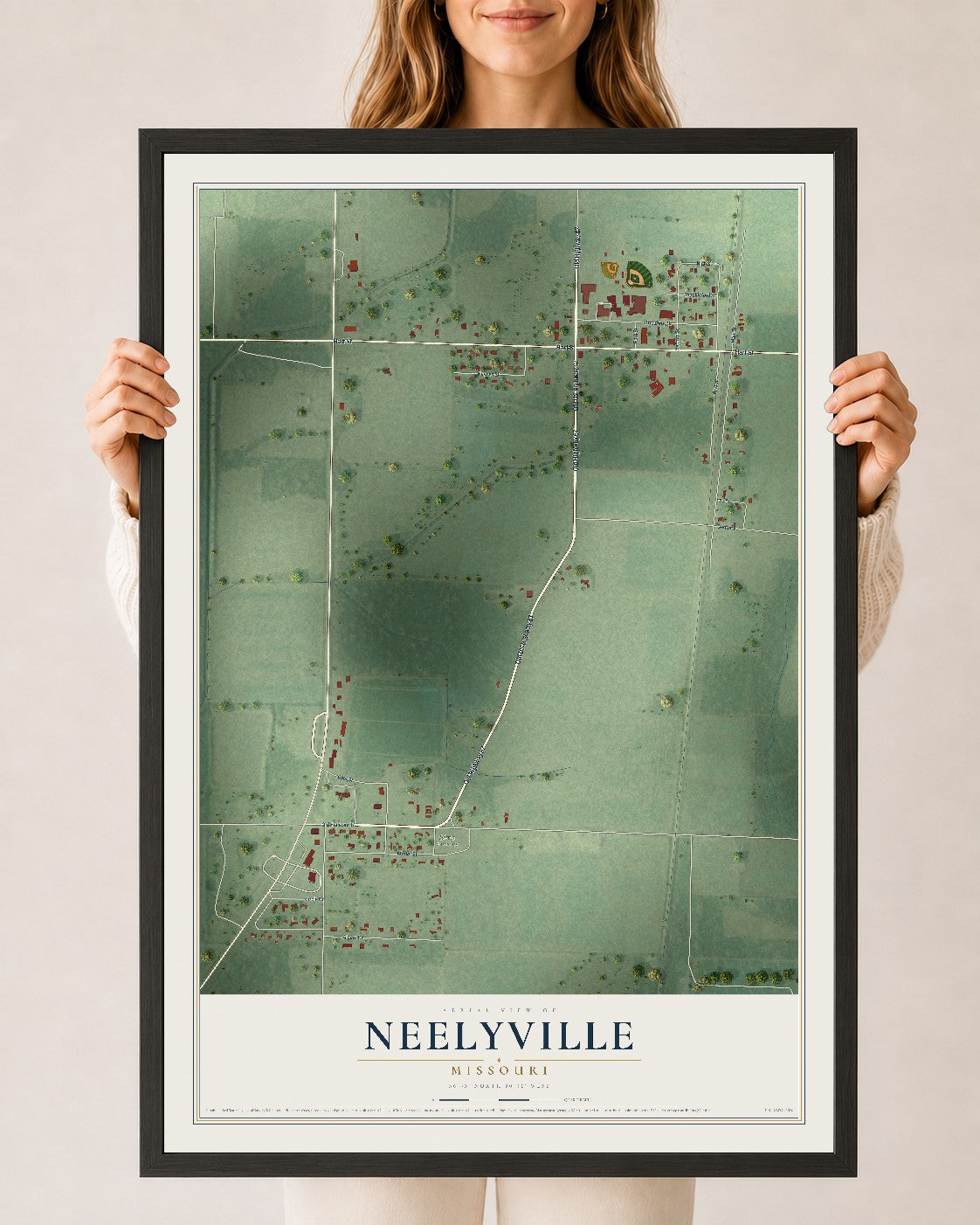 Map of Neelyville, Missouri, 24 x 36 inch print in a black wood frame