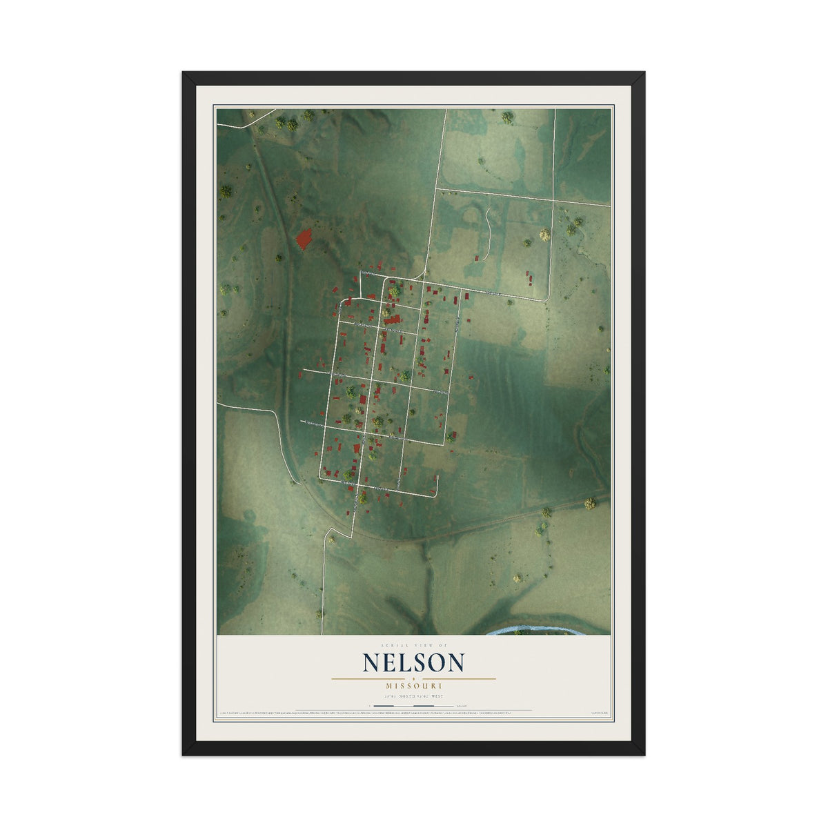 Map of Nelson, Missouri, 12 x 18 inch print in a black wood frame