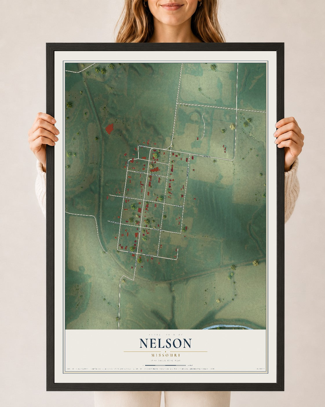 Map of Nelson, Missouri, 24 x 36 inch print in a black wood frame