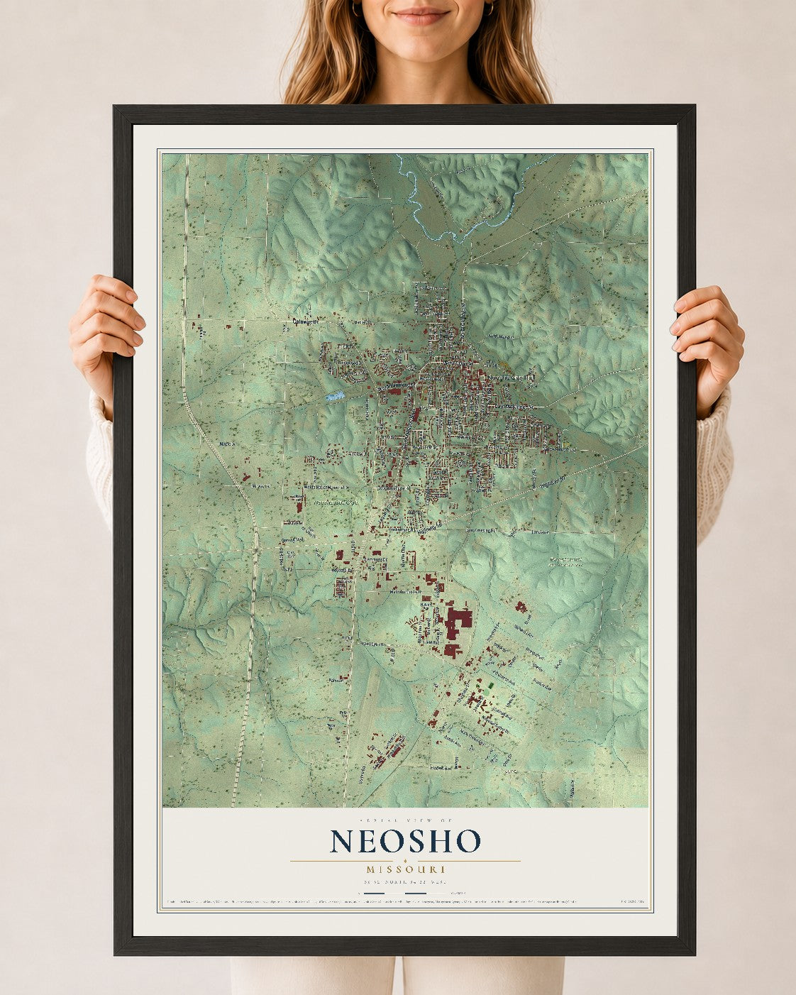 Map of Neosho, Missouri, 24 x 36 inch print in a black wood frame