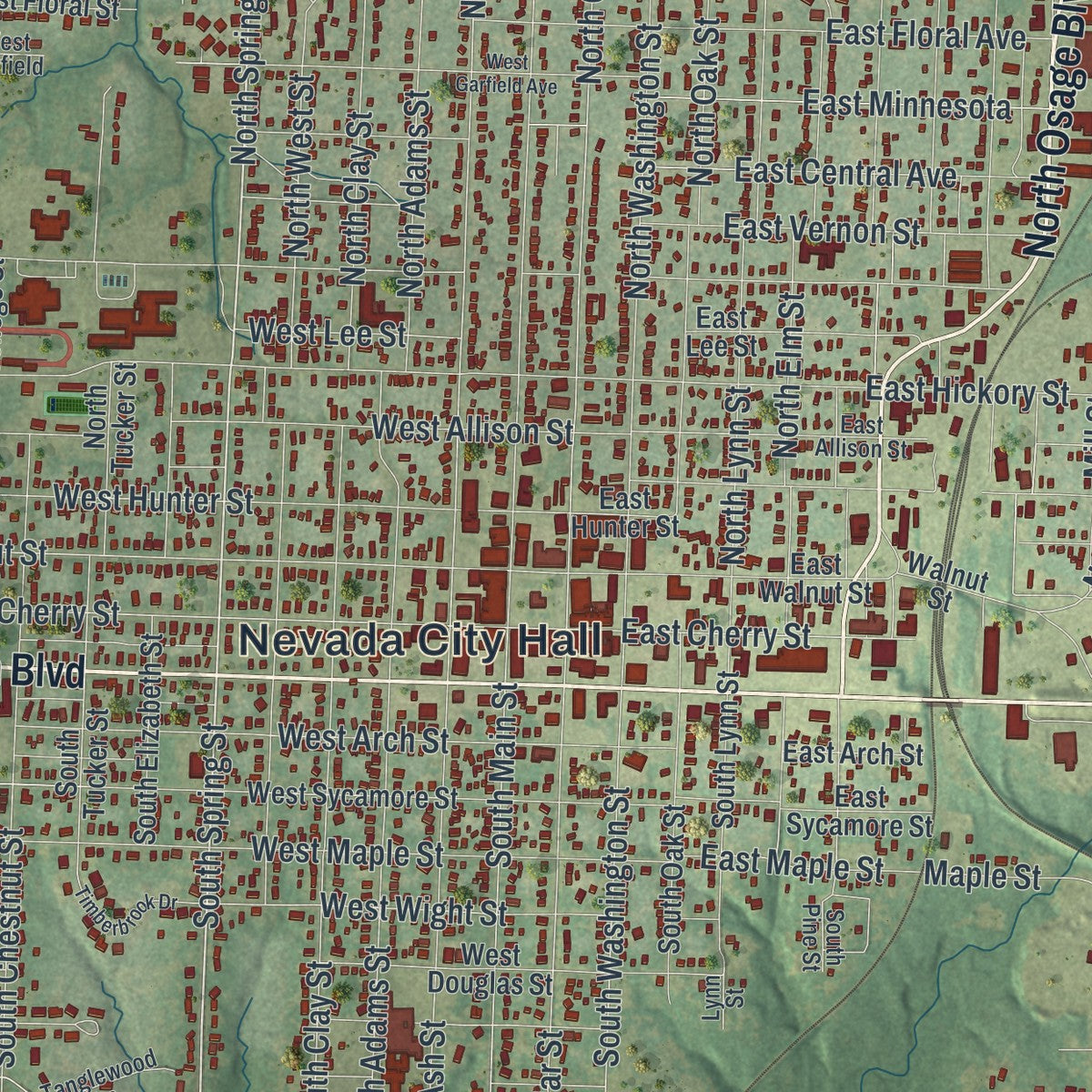 Close-up of the map of Nevada, Missouri print showing street and building detail