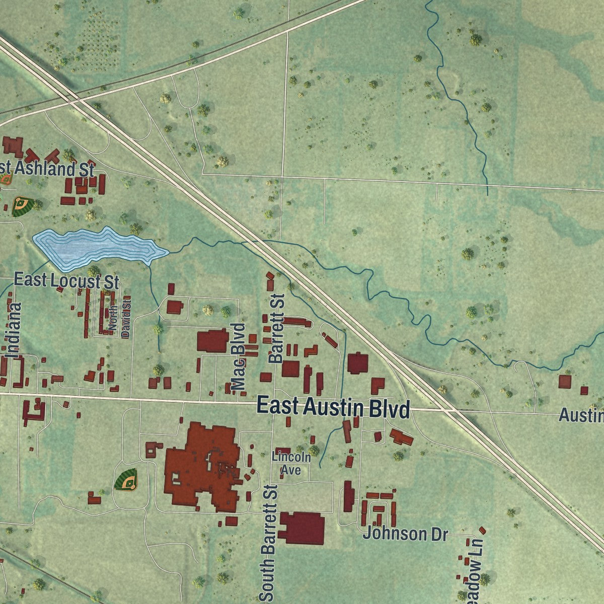 Second close-up of the map of Nevada, Missouri print showing more streets and buildings