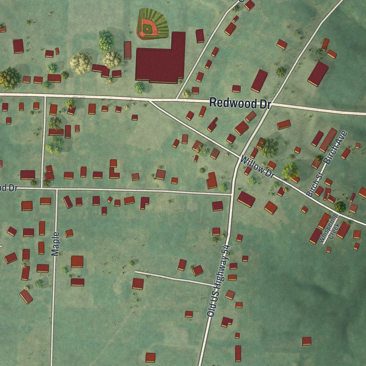 Close-up of the map of New Bloomfield, Missouri print showing street and building detail