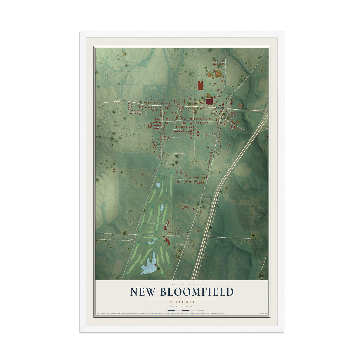 Map of New Bloomfield, Missouri, 12 x 18 inch print in a white wood frame