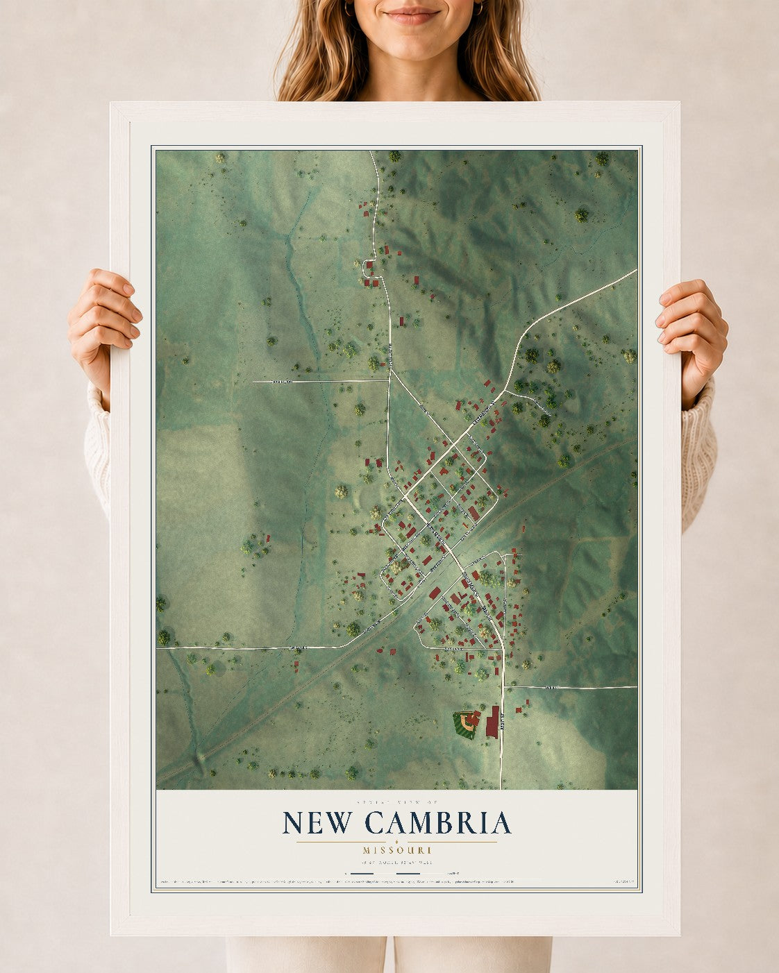 Map of New Cambria, Missouri, 24 x 36 inch print in a white wood frame