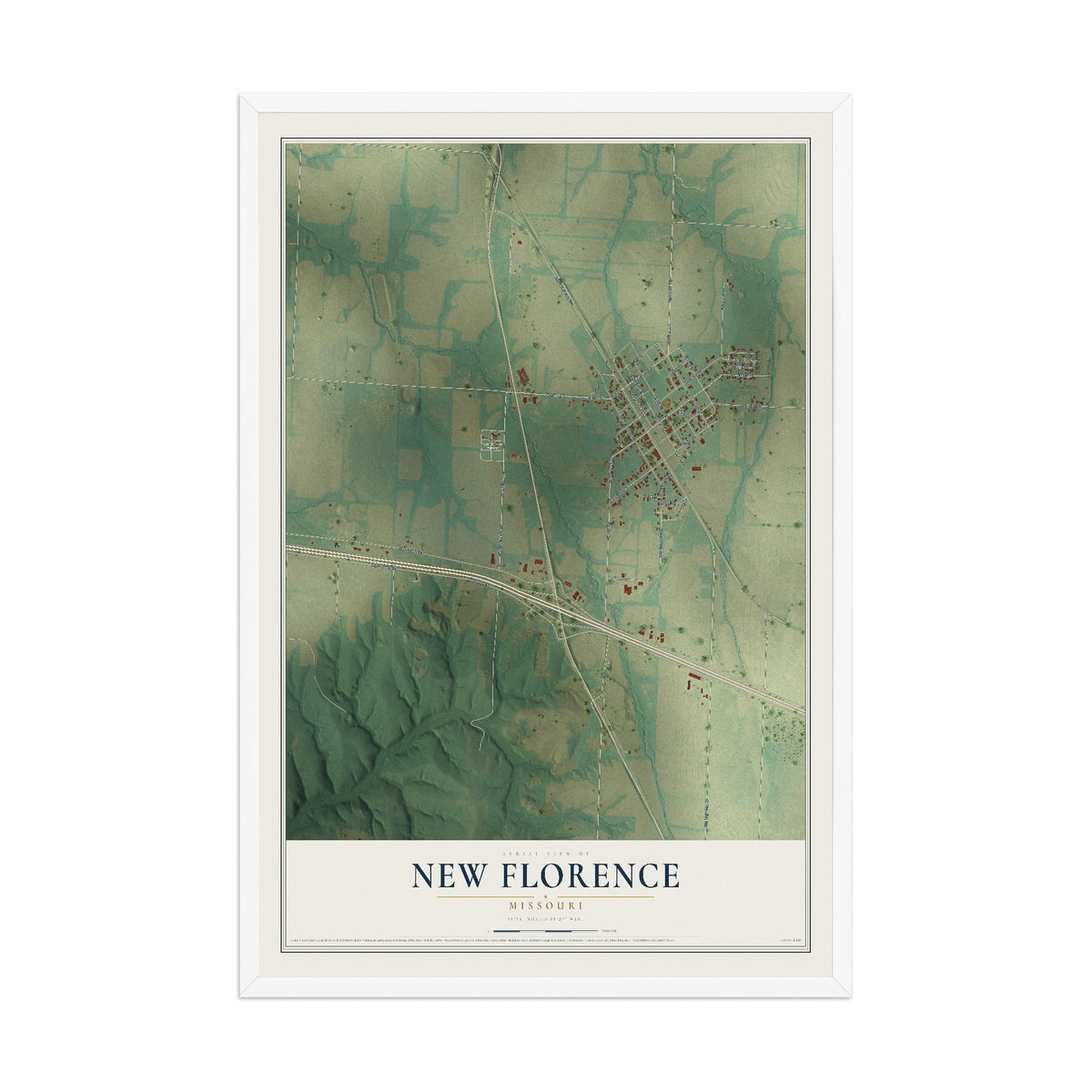 Map of New Florence, Missouri, 12 x 18 inch print in a white wood frame