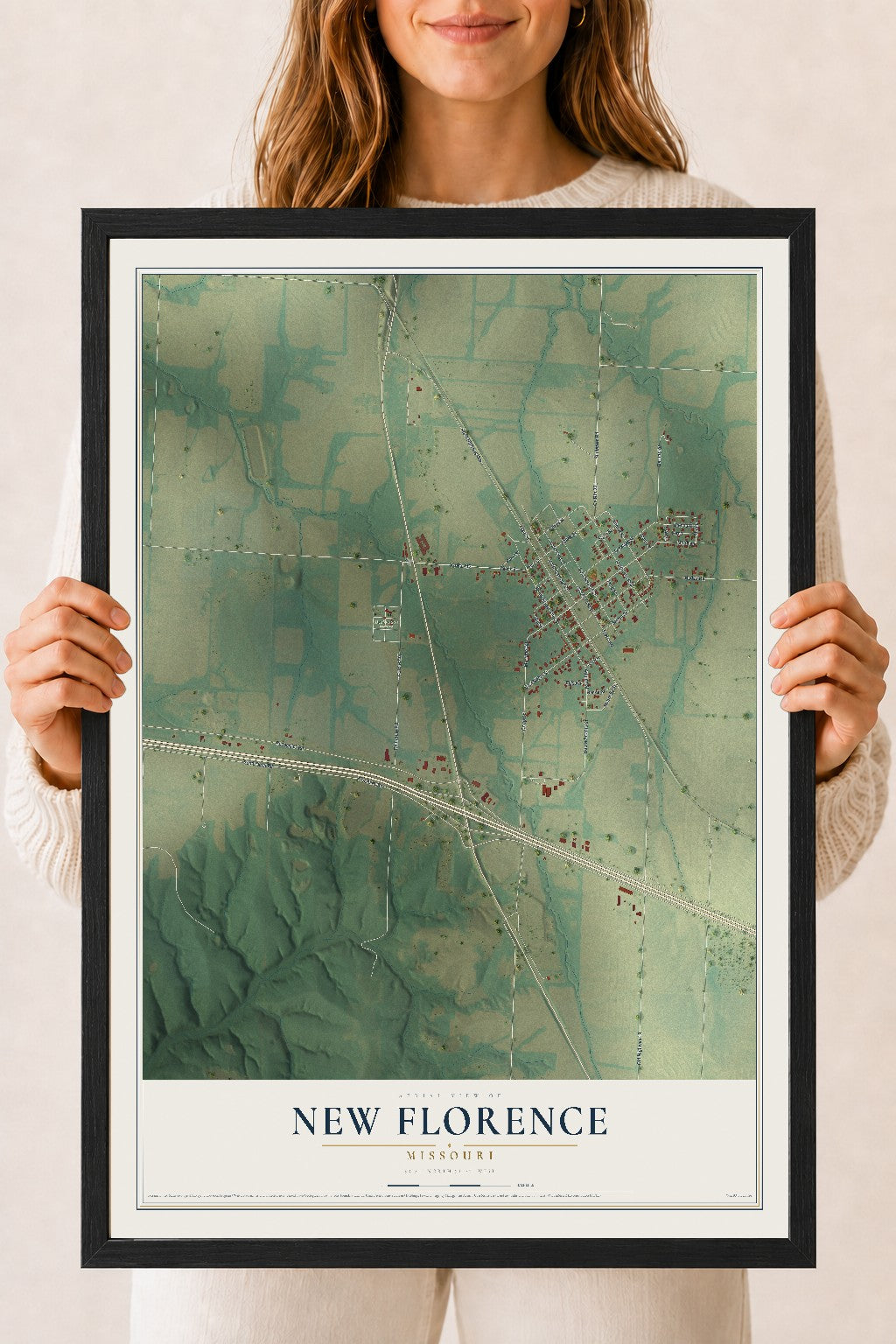 Map of New Florence, Missouri, 18 x 24 inch print in a black wood frame