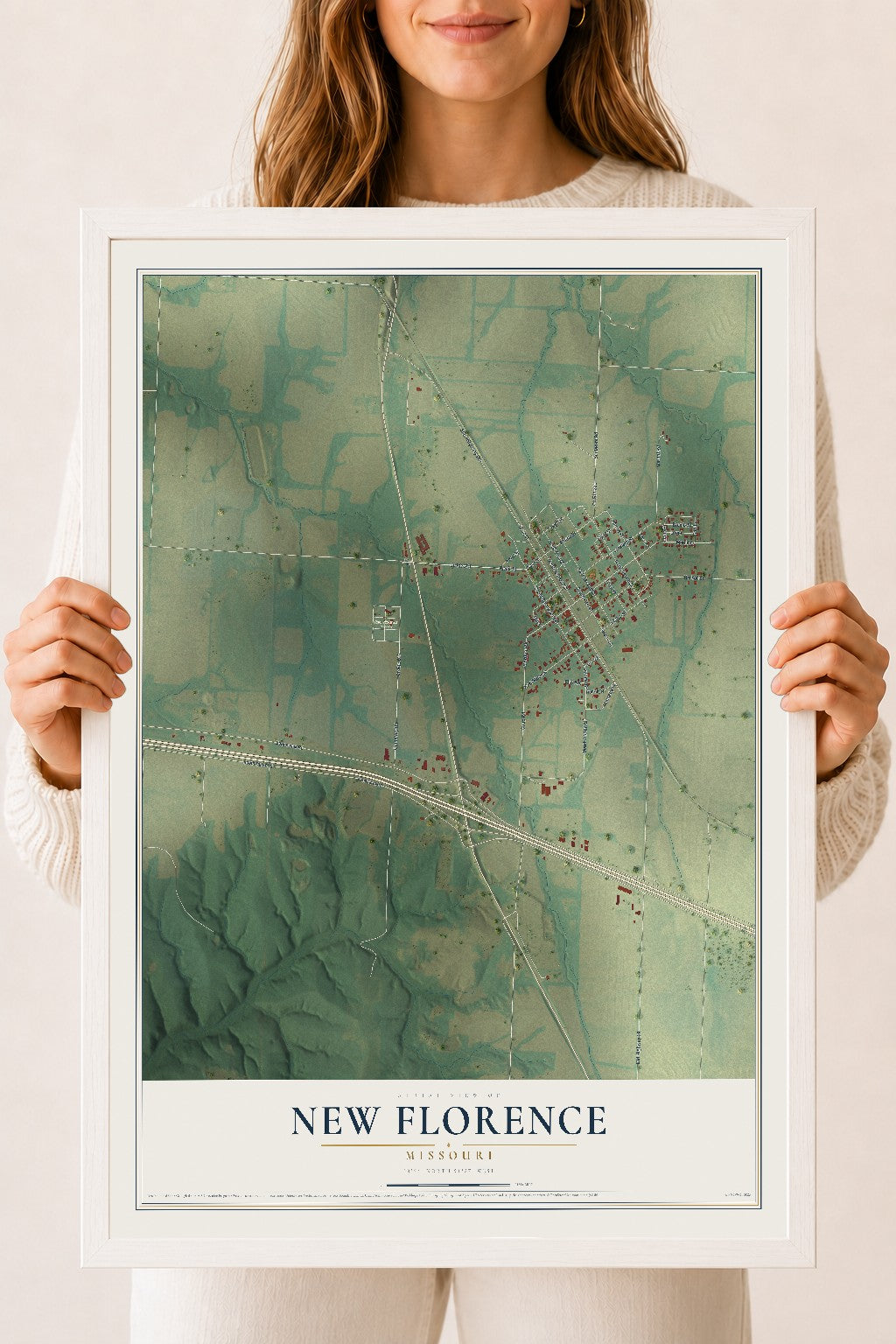 Map of New Florence, Missouri, 18 x 24 inch print in a white wood frame