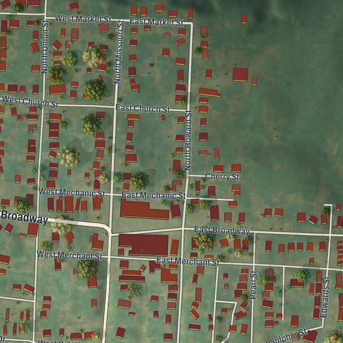 Close-up of the map of New Franklin, Missouri print showing street and building detail