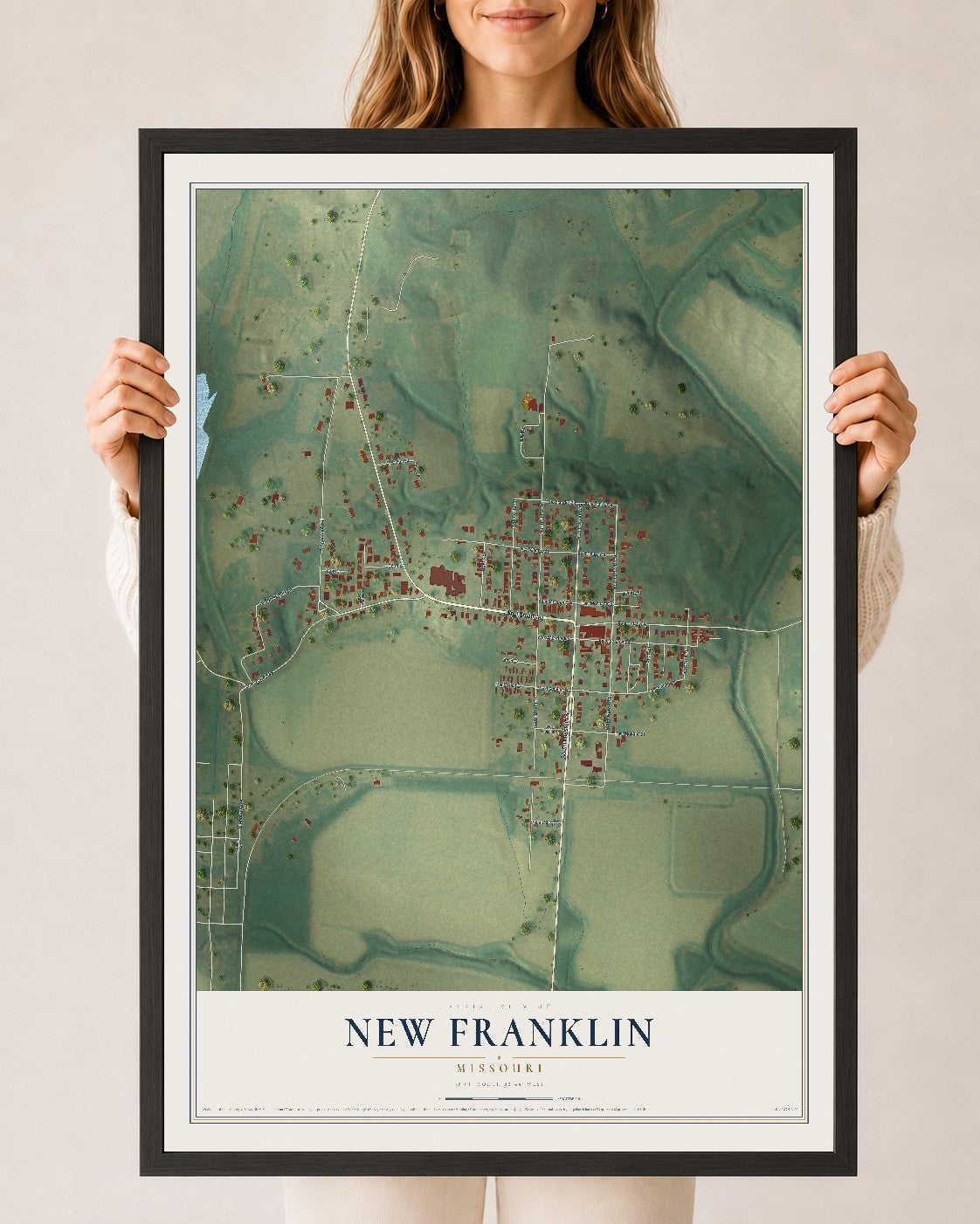 Map of New Franklin, Missouri, 24 x 36 inch print in a black wood frame
