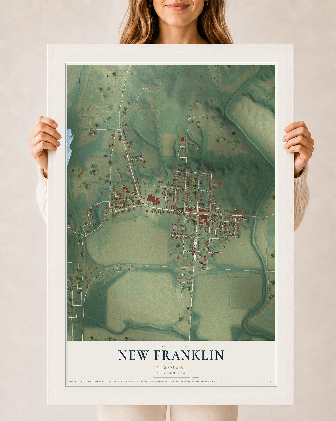 Map of New Franklin, Missouri, 24 x 36 inch print in a white wood frame