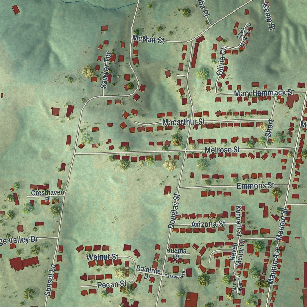 Close-up of the map of New Haven, Missouri print showing street and building detail