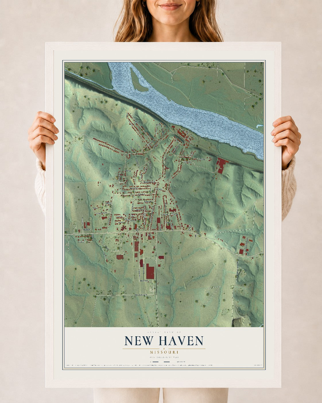 Map of New Haven, Missouri, 24 x 36 inch print in a white wood frame