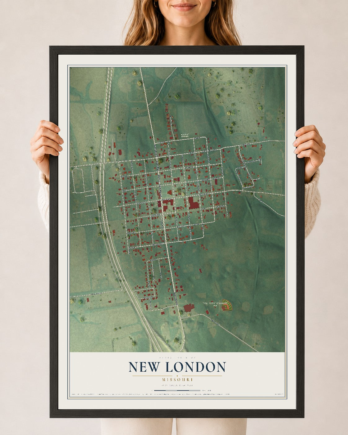Map of New London, Missouri, 24 x 36 inch print in a black wood frame