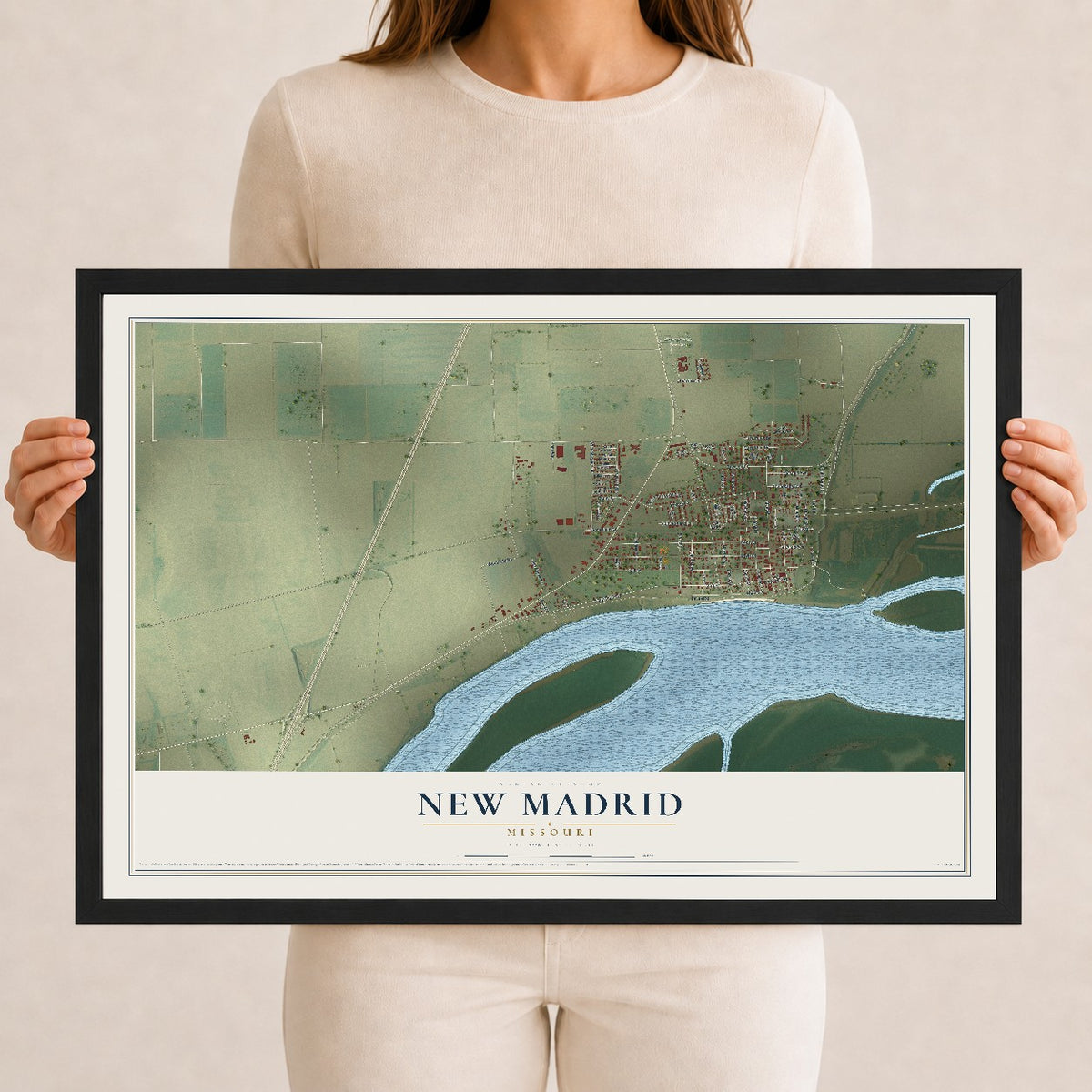 Map of New Madrid, Missouri, 12 x 18 inch print in a black wood frame