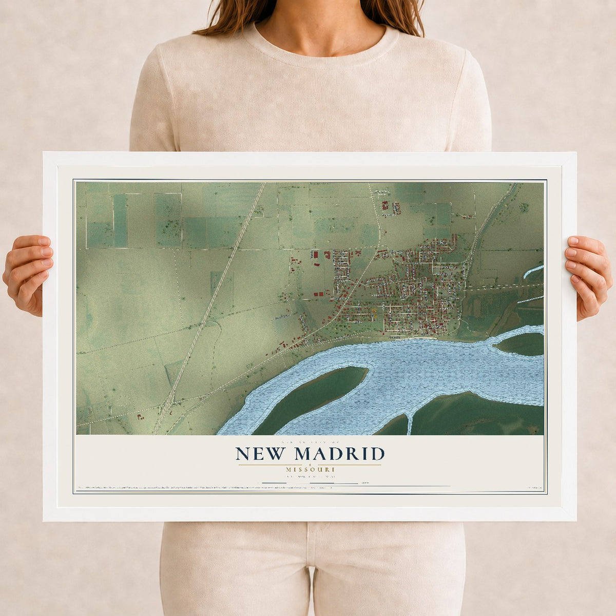 Map of New Madrid, Missouri, 12 x 18 inch print in a white wood frame