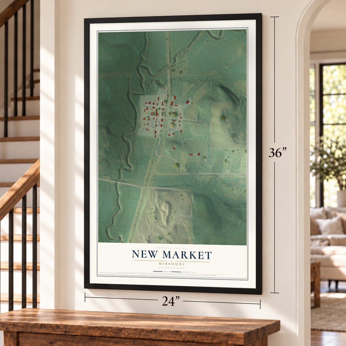 New Market, Missouri map, 24 x 36 inch print in a black frame by a staircase