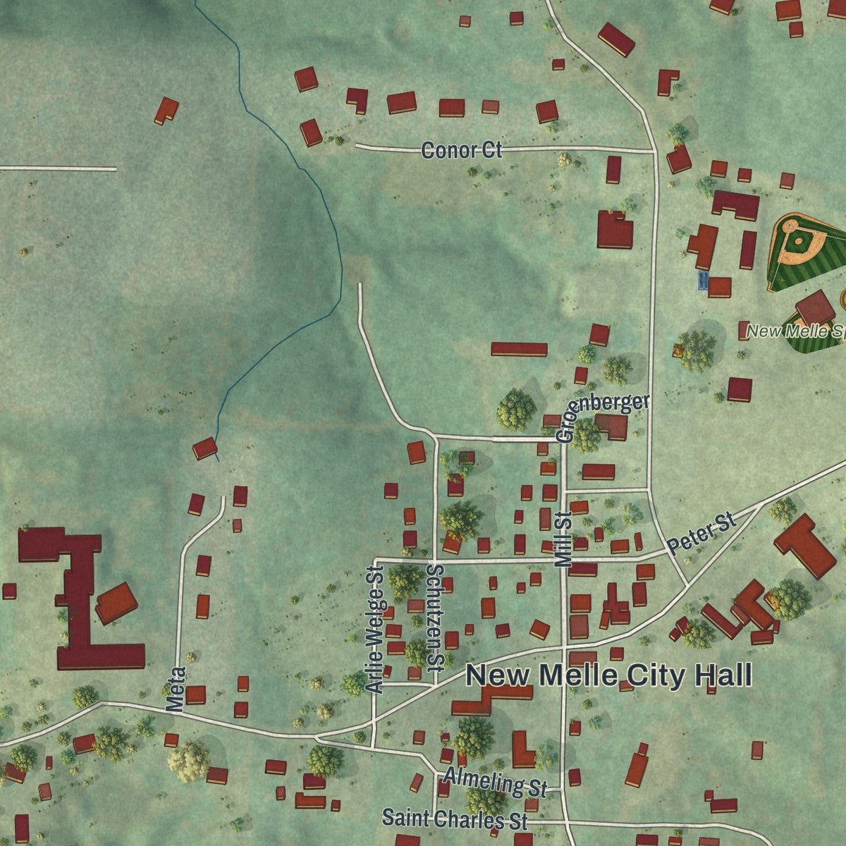 Close-up of the map of New Melle, Missouri print showing street and building detail