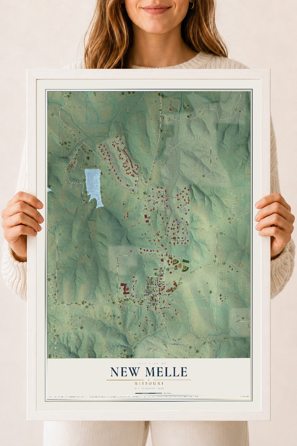 Map of New Melle, Missouri, 18 x 24 inch print in a white wood frame