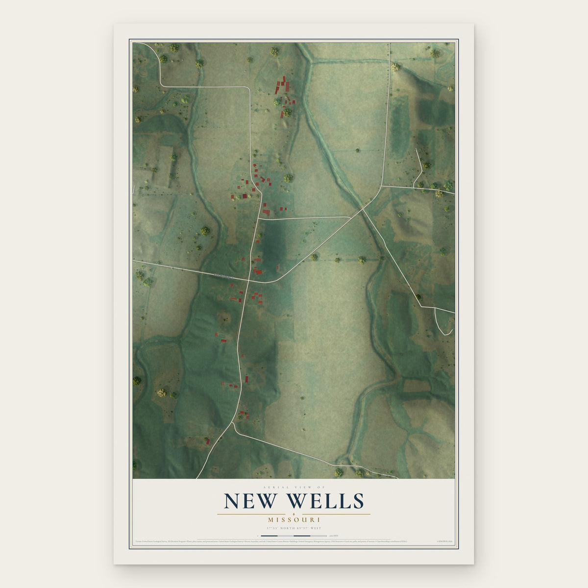 New Wells, Missouri map print, the full design