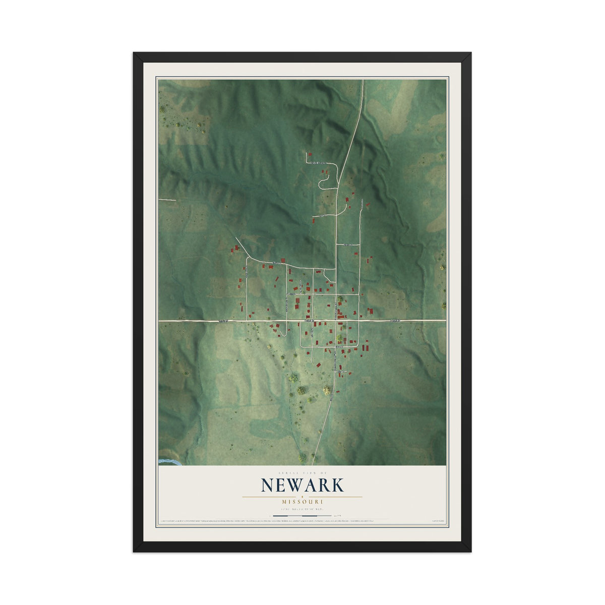 Map of Newark, Missouri, 12 x 18 inch print in a black wood frame