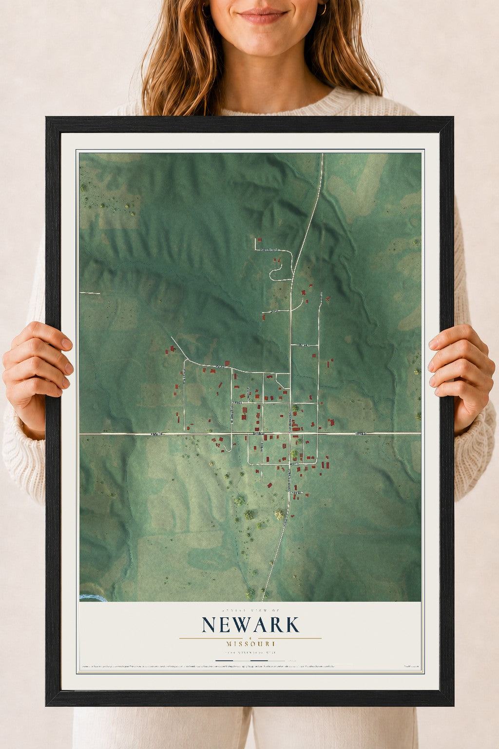 Map of Newark, Missouri, 18 x 24 inch print in a black wood frame