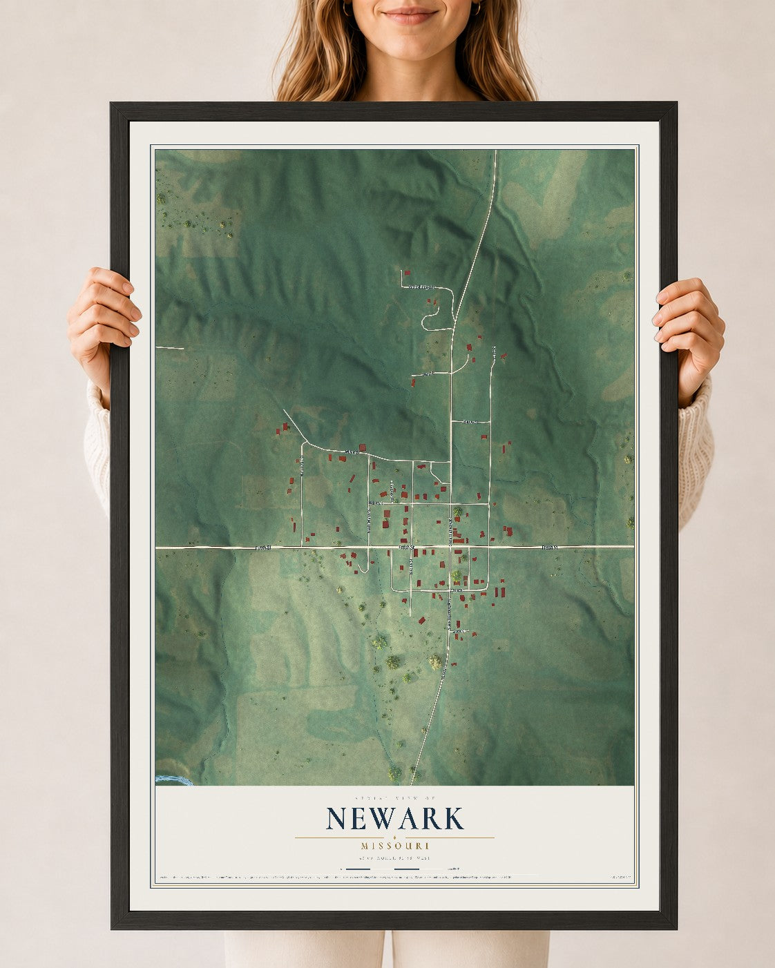 Map of Newark, Missouri, 24 x 36 inch print in a black wood frame