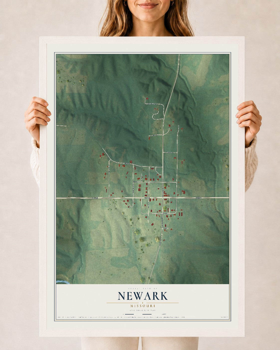 Map of Newark, Missouri, 24 x 36 inch print in a white wood frame