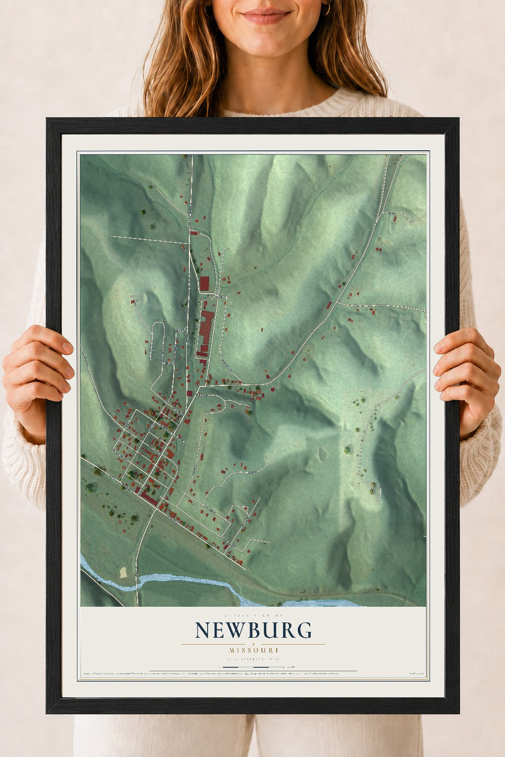 Map of Newburg, Missouri, 18 x 24 inch print in a black wood frame