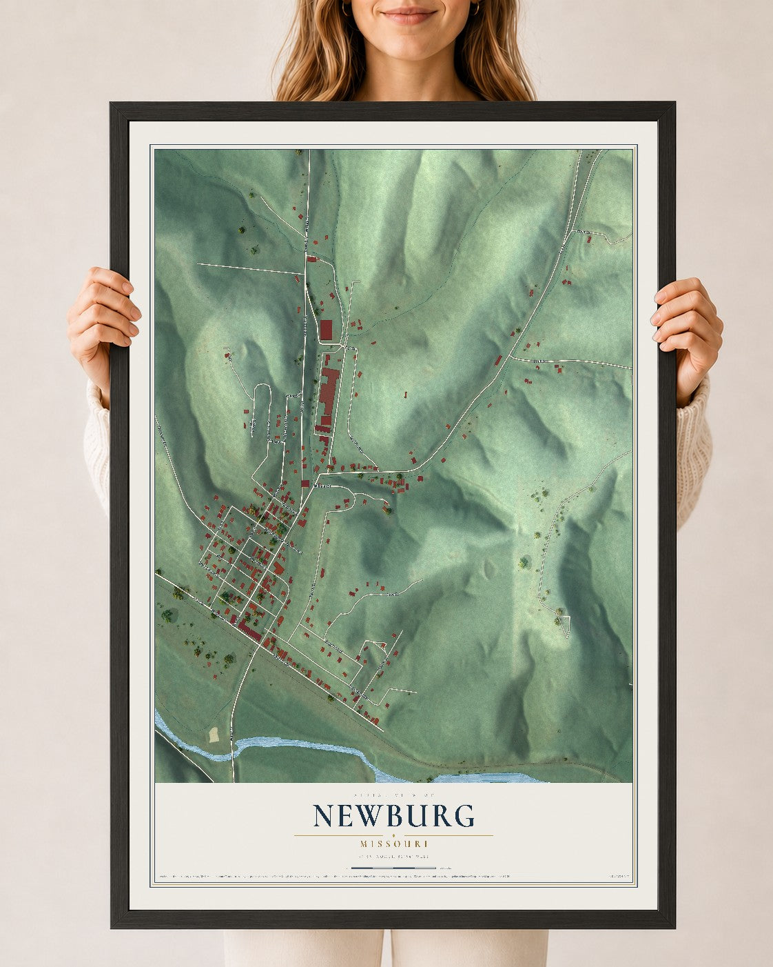 Map of Newburg, Missouri, 24 x 36 inch print in a black wood frame