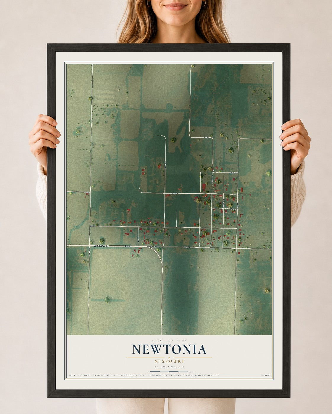 Map of Newtonia, Missouri, 24 x 36 inch print in a black wood frame