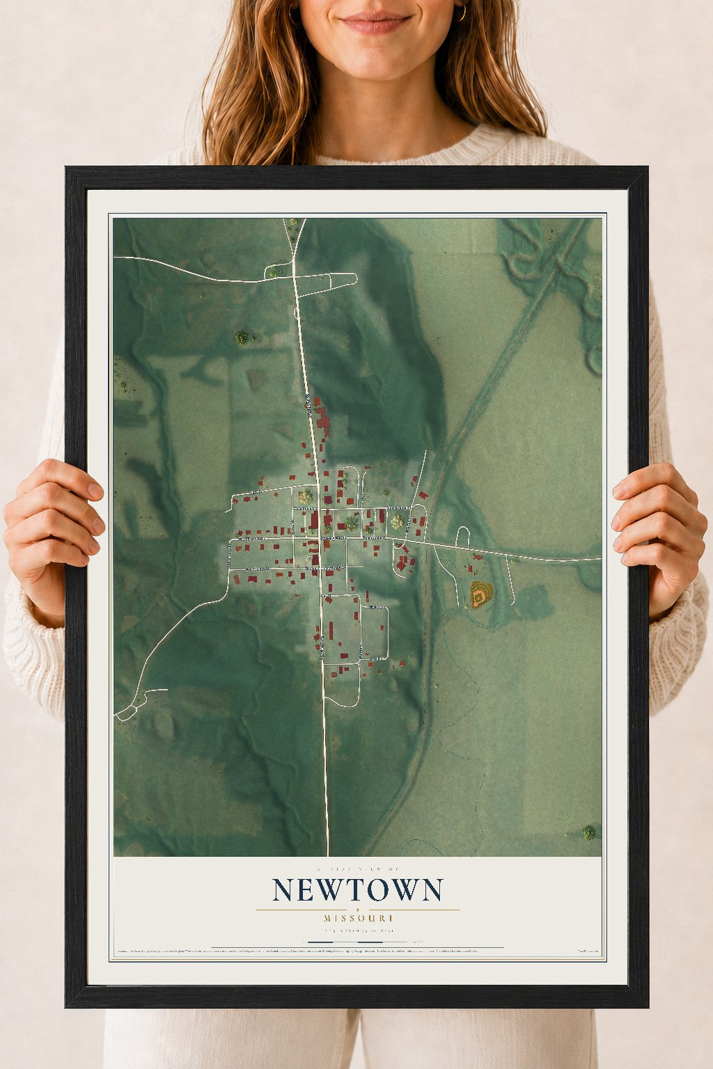 Map of Newtown, Missouri, 18 x 24 inch print in a black wood frame