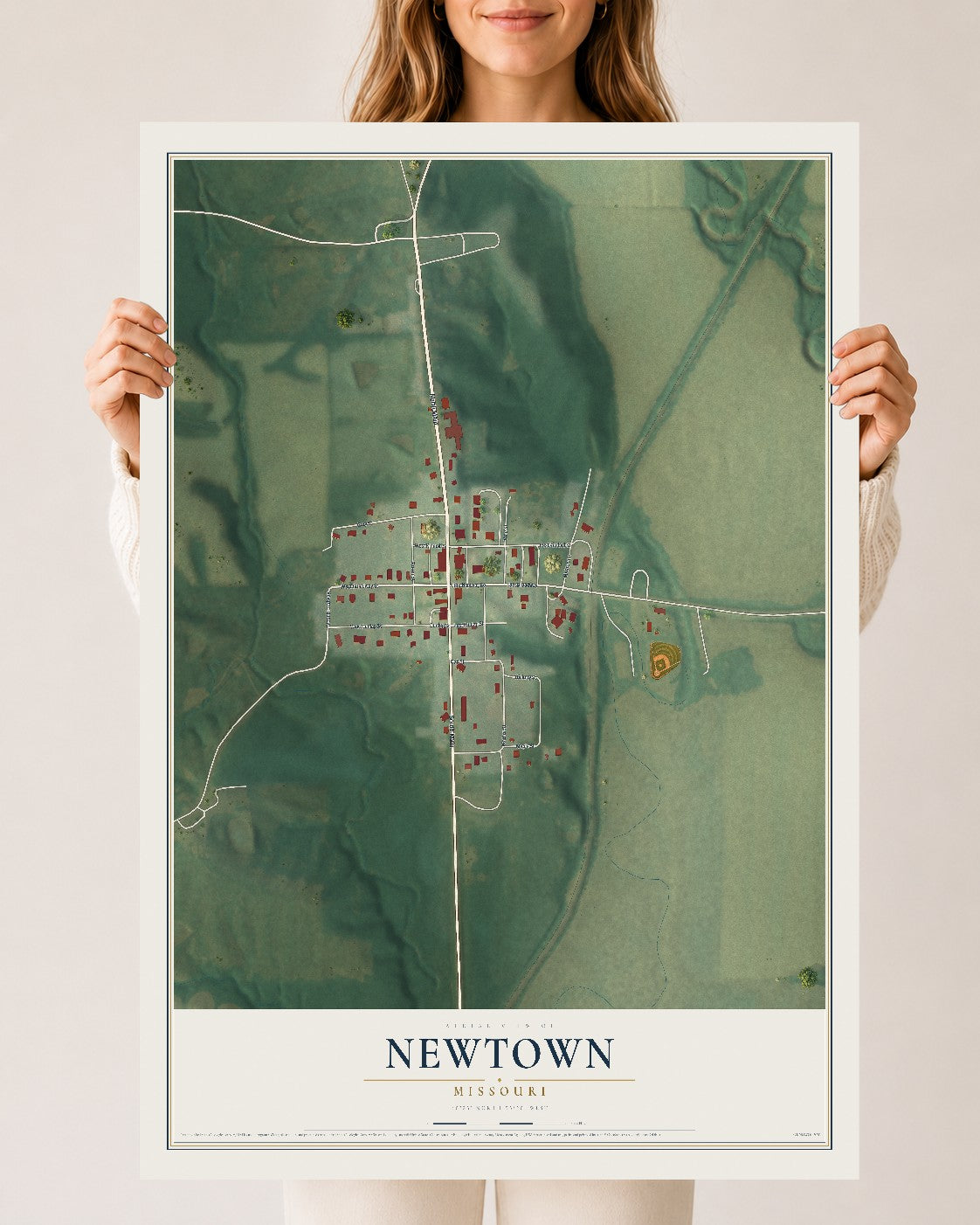Map of Newtown, Missouri, 24 x 36 inch unframed archival matte print