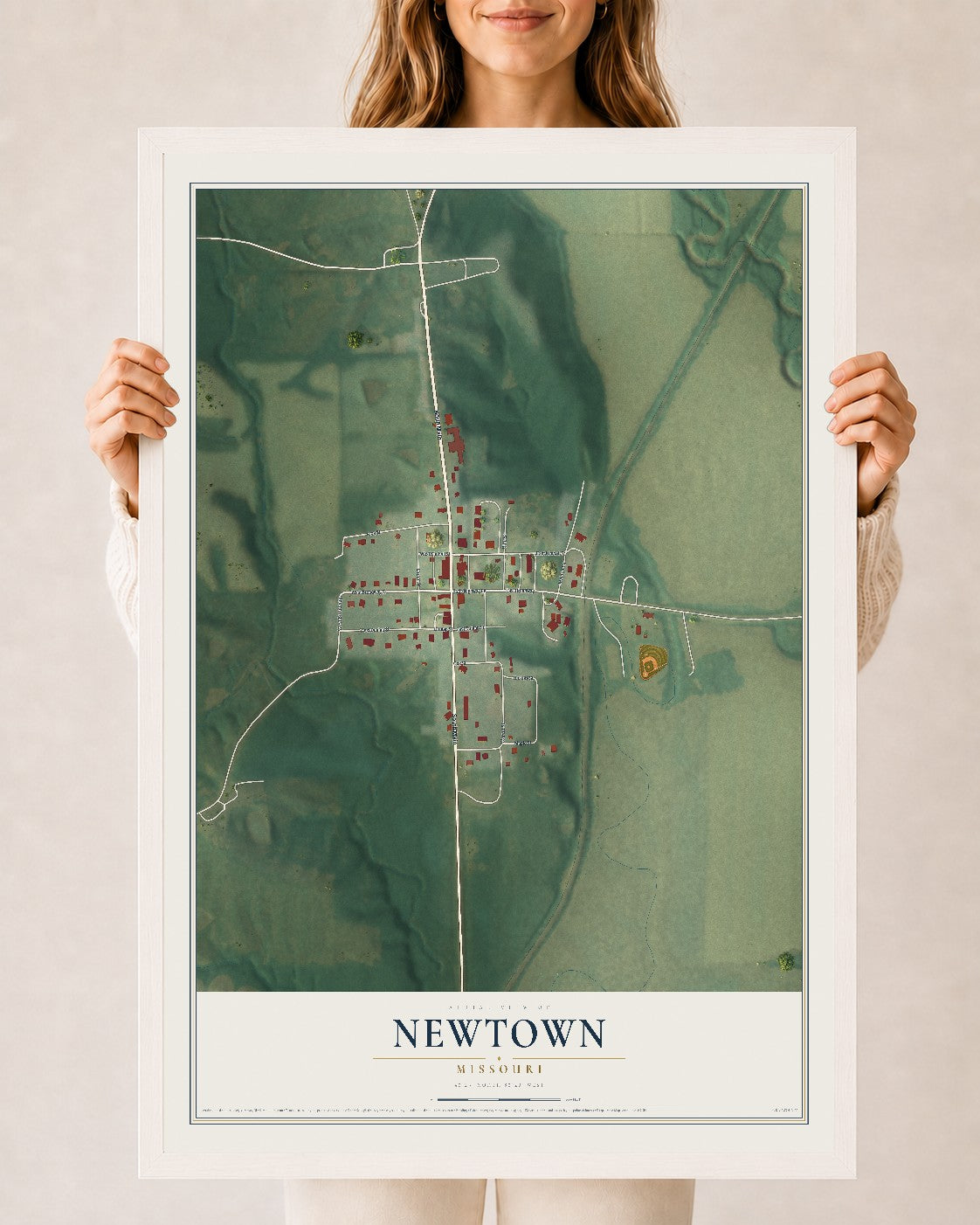 Map of Newtown, Missouri, 24 x 36 inch print in a white wood frame
