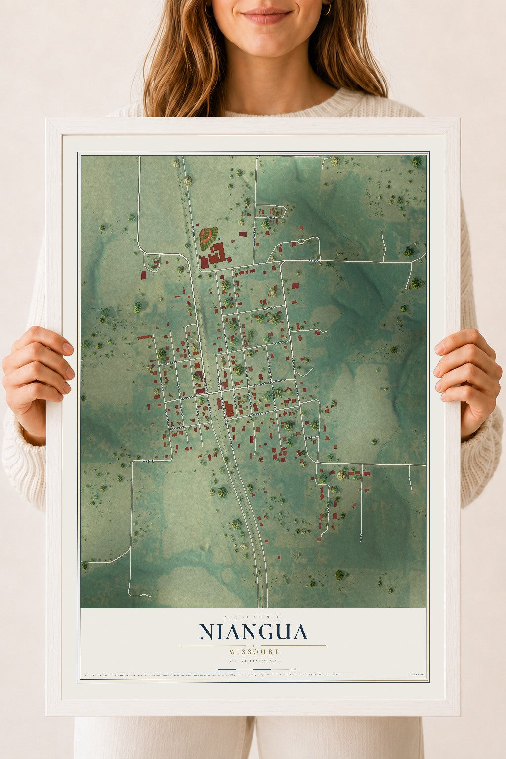 Map of Niangua, Missouri, 18 x 24 inch print in a white wood frame