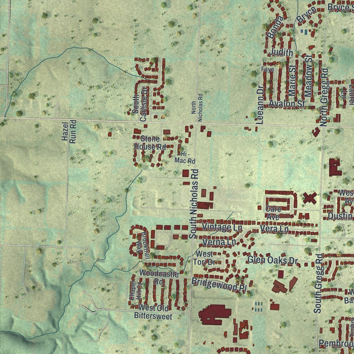 Second close-up of the map of Nixa, Missouri print showing more streets and buildings