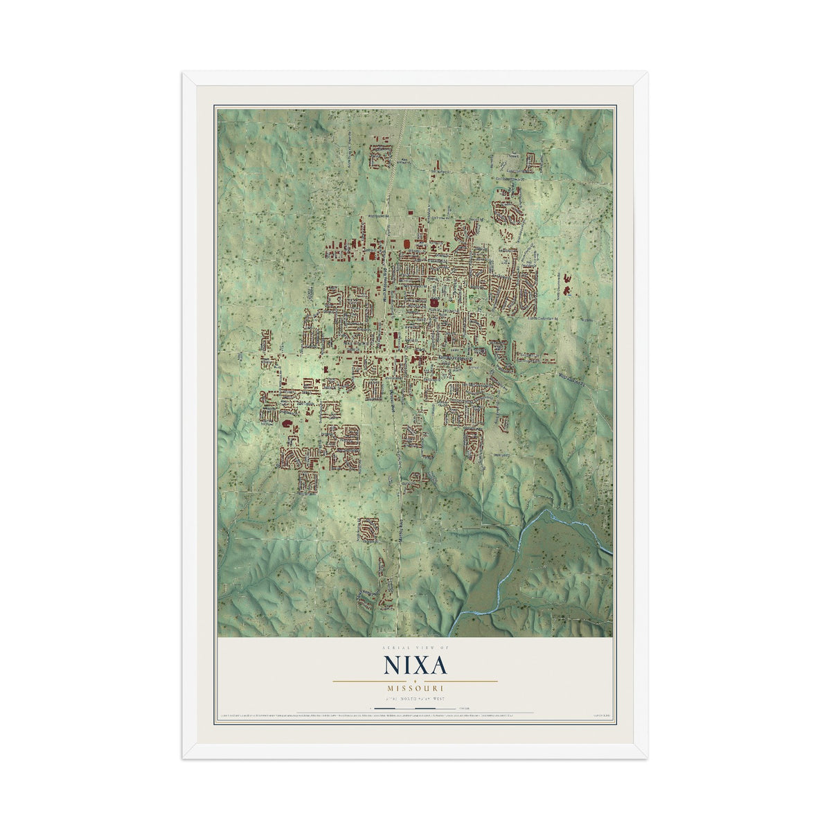 Map of Nixa, Missouri, 12 x 18 inch print in a white wood frame