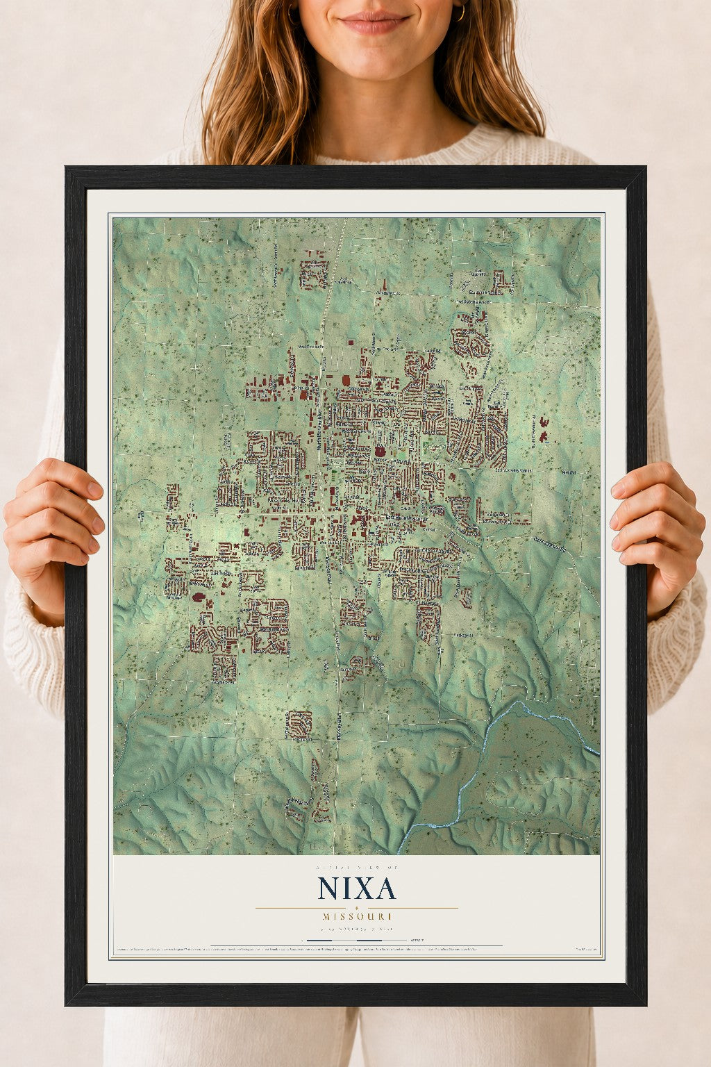 Map of Nixa, Missouri, 18 x 24 inch print in a black wood frame