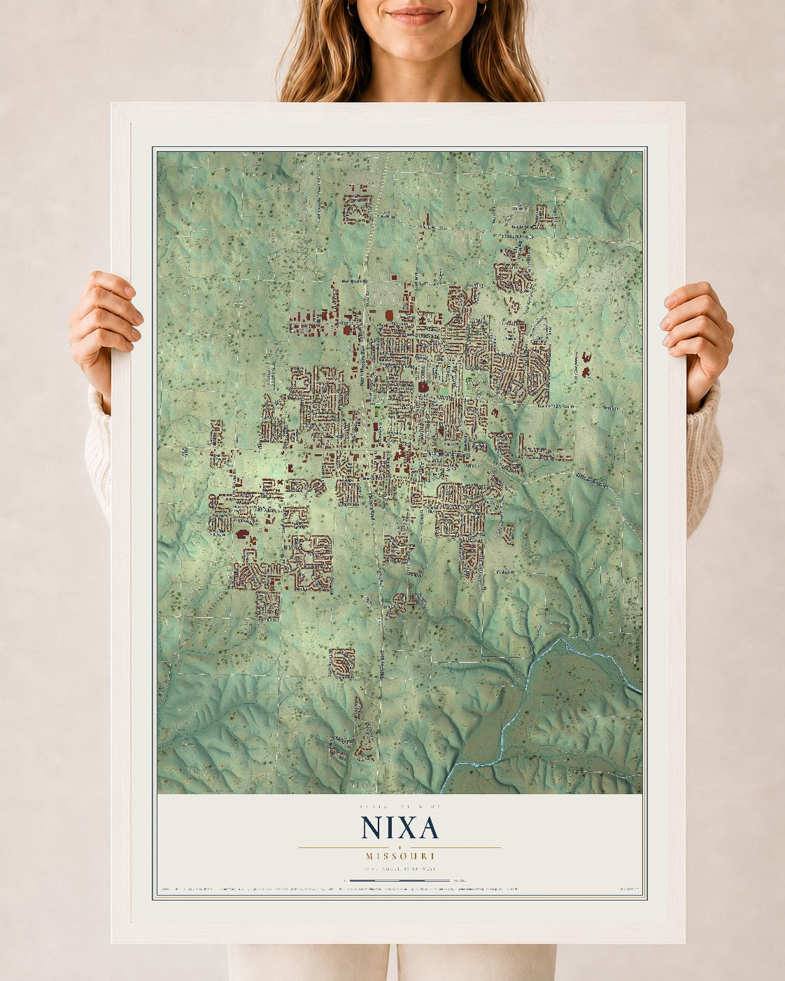 Map of Nixa, Missouri, 24 x 36 inch print in a white wood frame