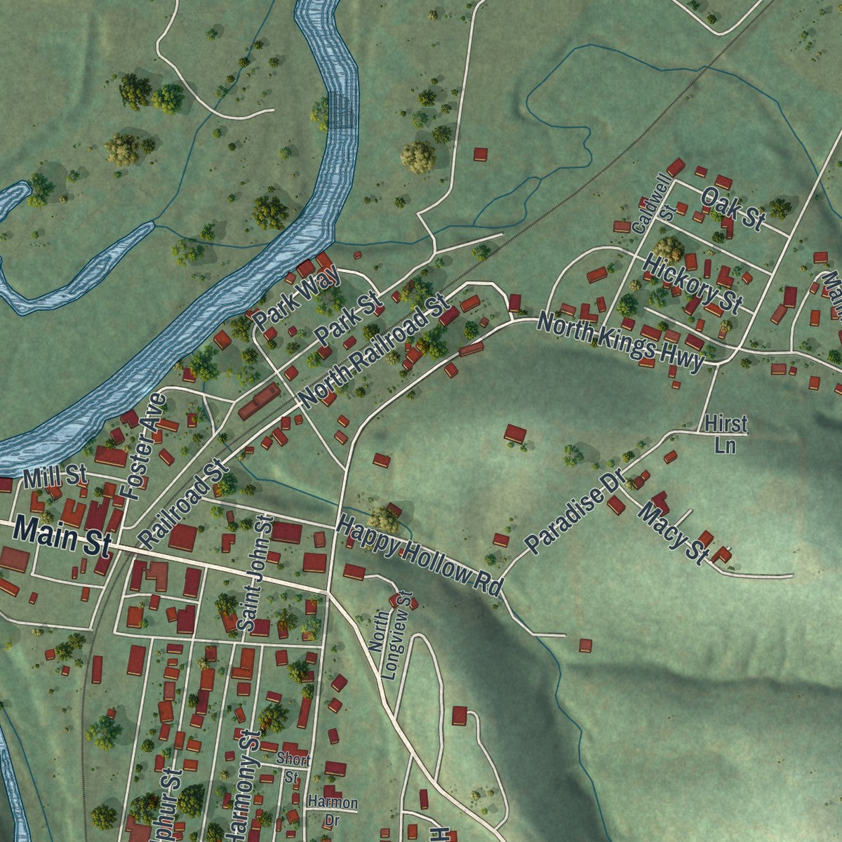 Close-up of the map of Noel, Missouri print showing street and building detail