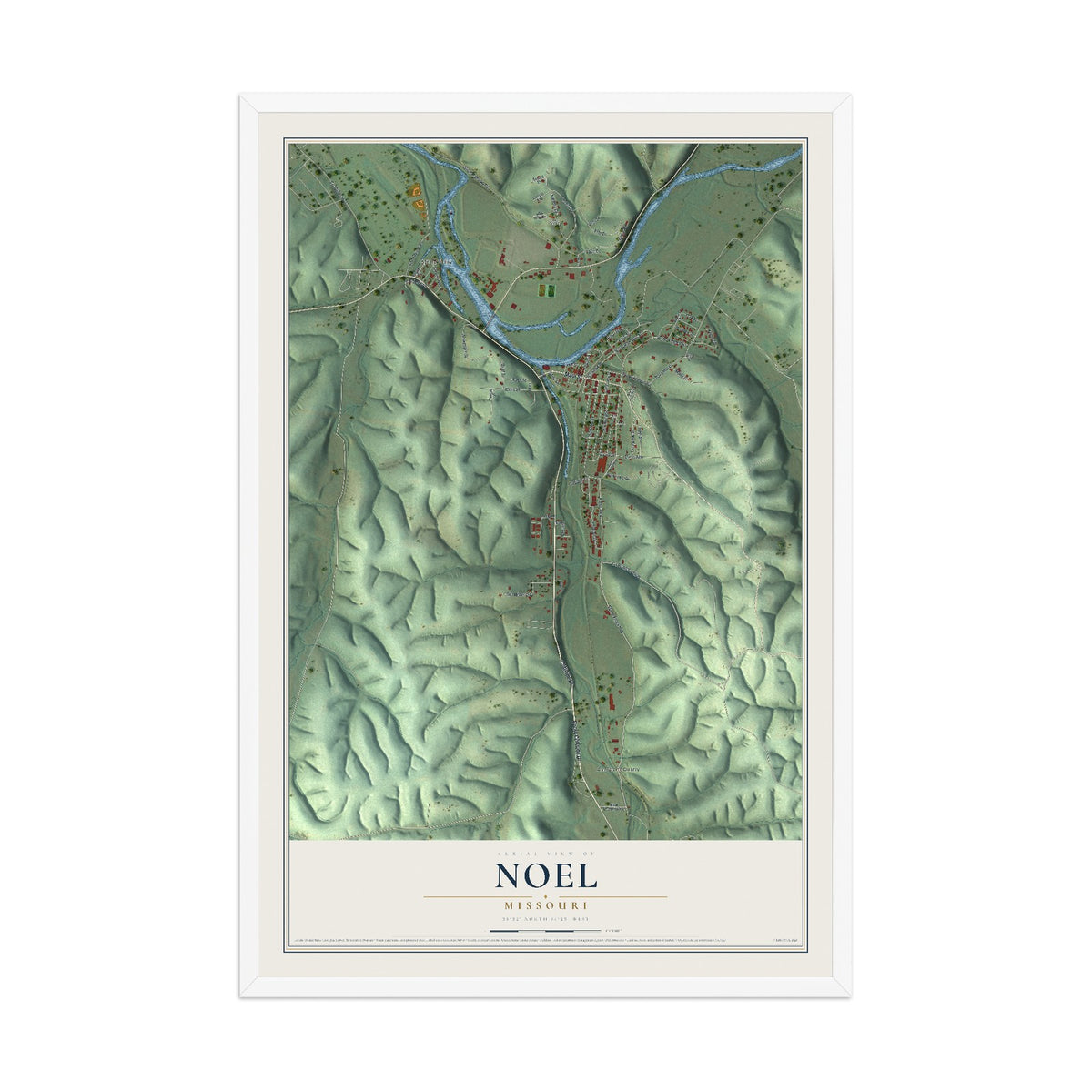 Map of Noel, Missouri, 12 x 18 inch print in a white wood frame
