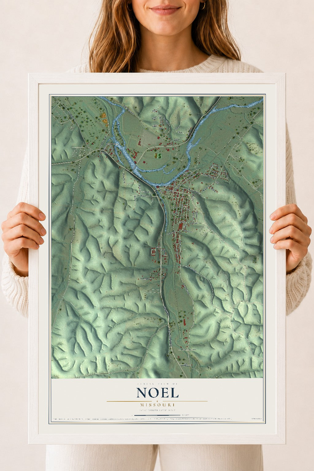 Map of Noel, Missouri, 18 x 24 inch print in a white wood frame