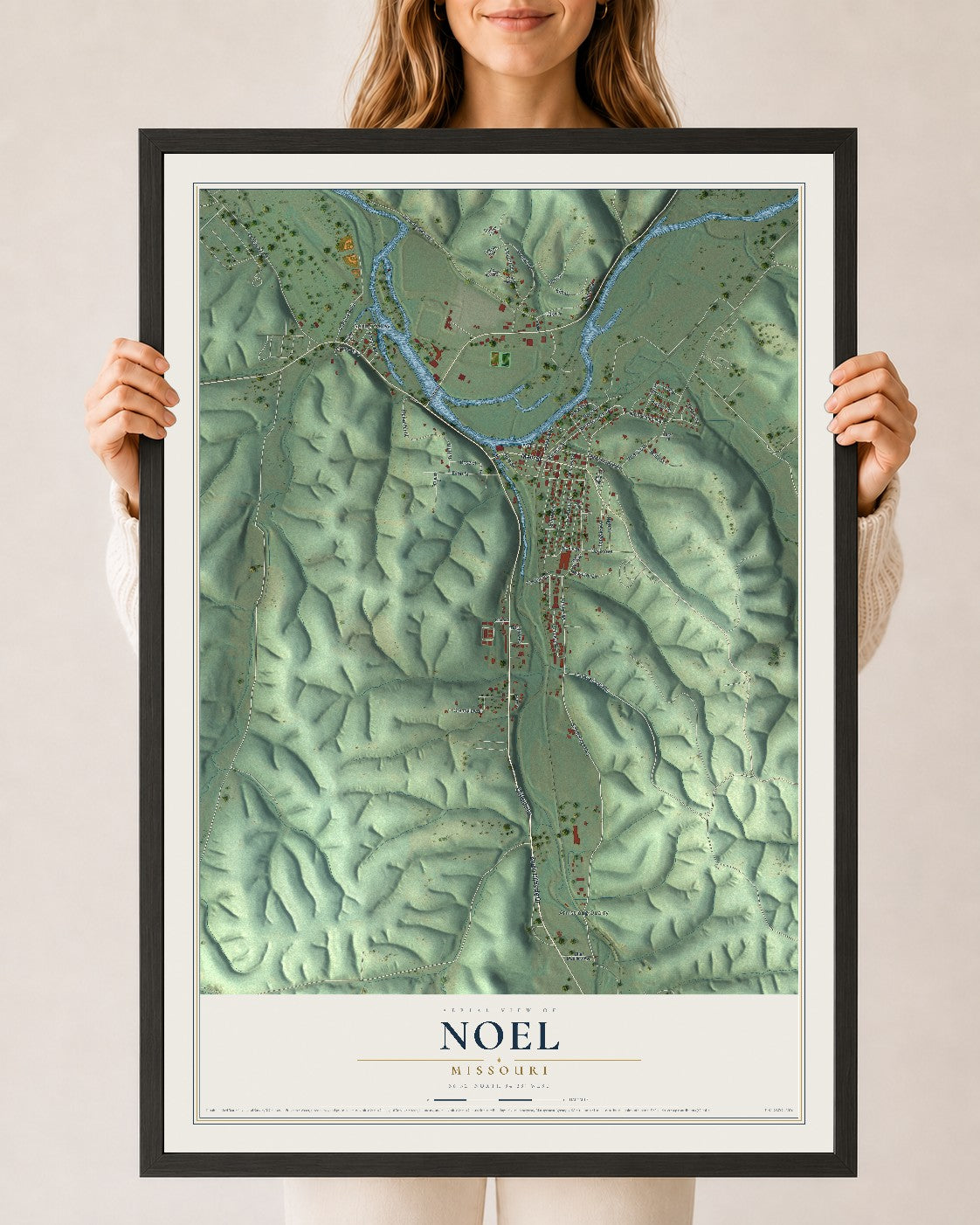 Map of Noel, Missouri, 24 x 36 inch print in a black wood frame