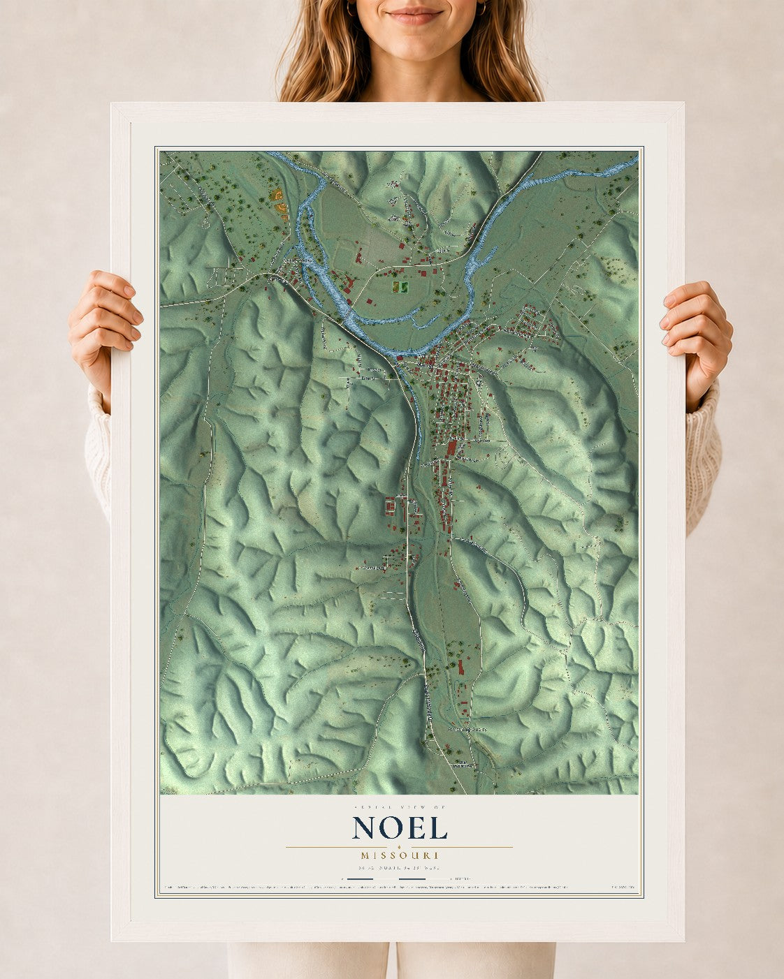 Map of Noel, Missouri, 24 x 36 inch print in a white wood frame