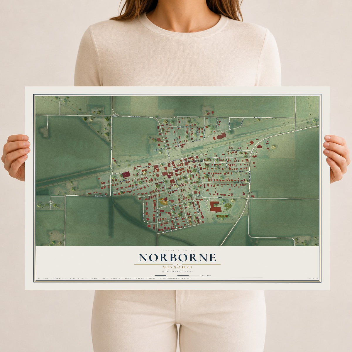 Map of Norborne, Missouri, 12 x 18 inch unframed archival matte print
