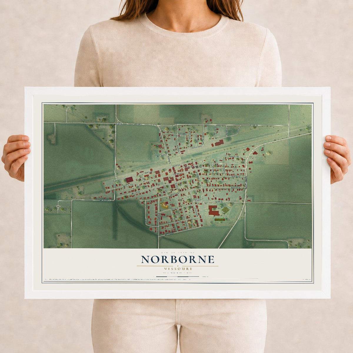 Map of Norborne, Missouri, 12 x 18 inch print in a white wood frame