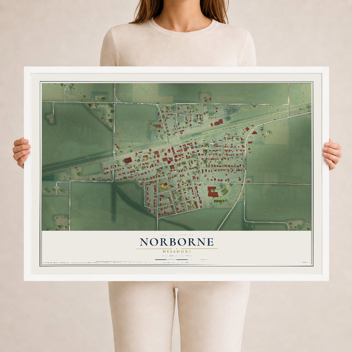 Map of Norborne, Missouri, 24 x 36 inch print in a white wood frame