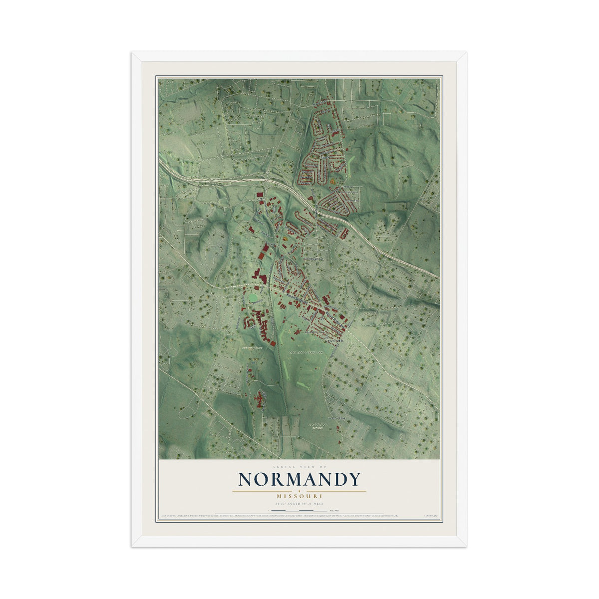Map of Normandy, Missouri, 12 x 18 inch print in a white wood frame