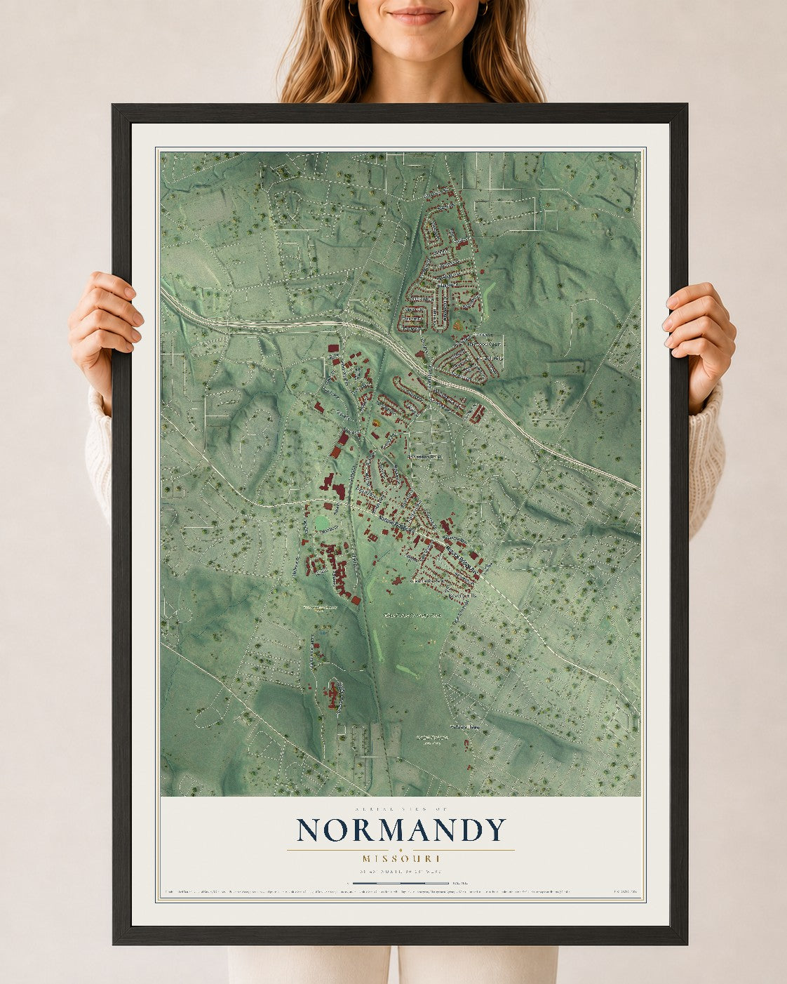 Map of Normandy, Missouri, 24 x 36 inch print in a black wood frame